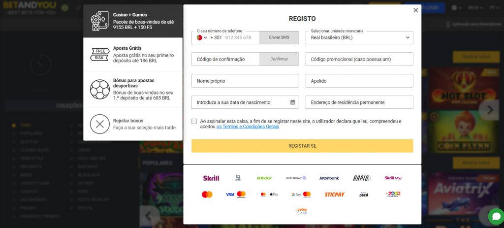 Formulário de inscrição online na plataforma Betandyou em Portugal, destacando campos para nome, e-mail, senha e opções de moeda.